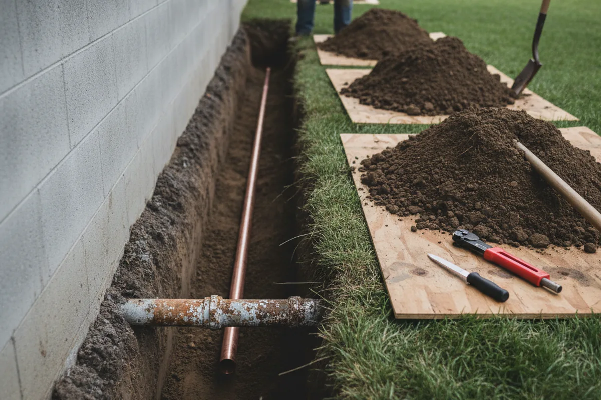 Excavated water line trench during Sewer Line Repair in Staatsburg